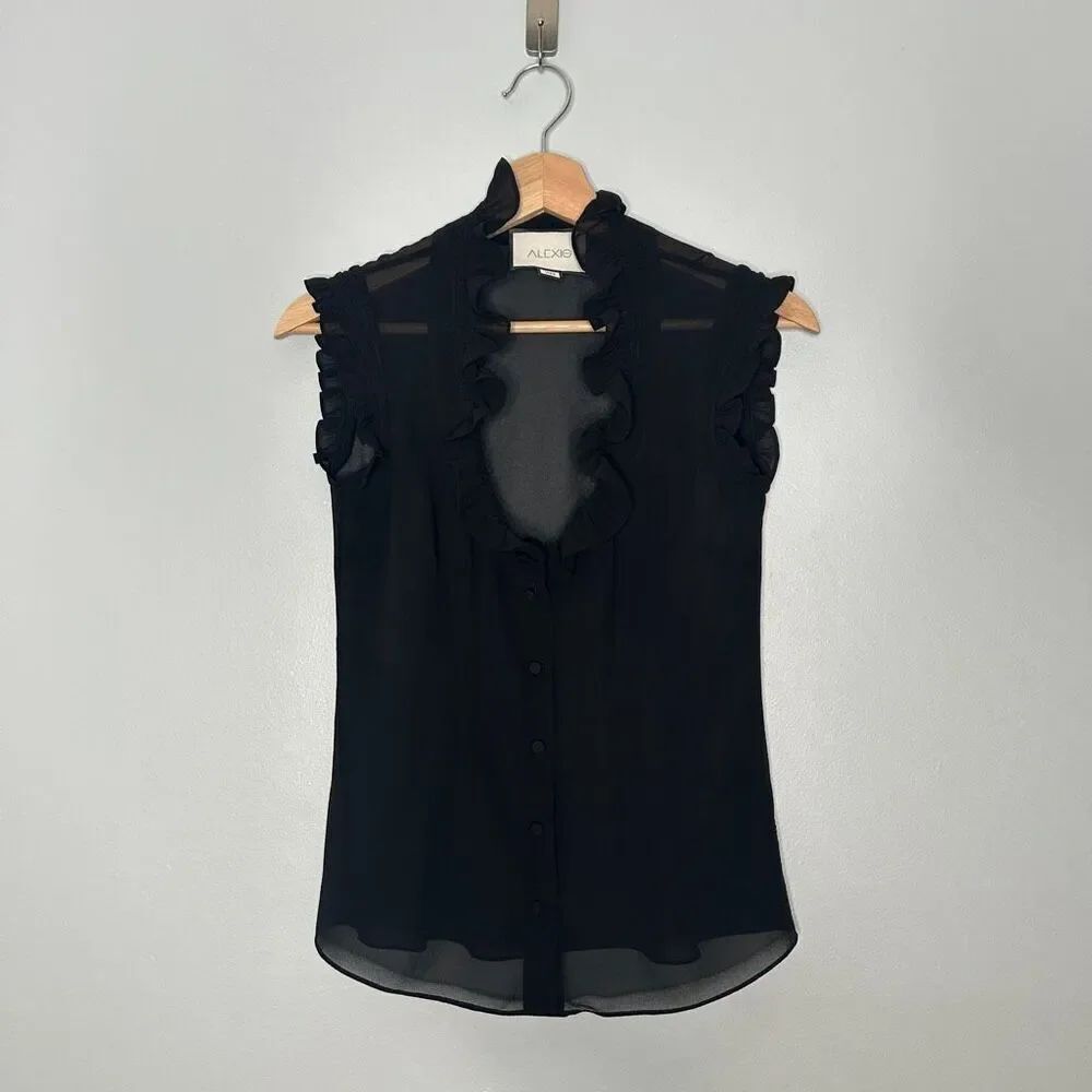 Alexis Sheer Sleeveless Ruffle Trimmed Button Front Top XS